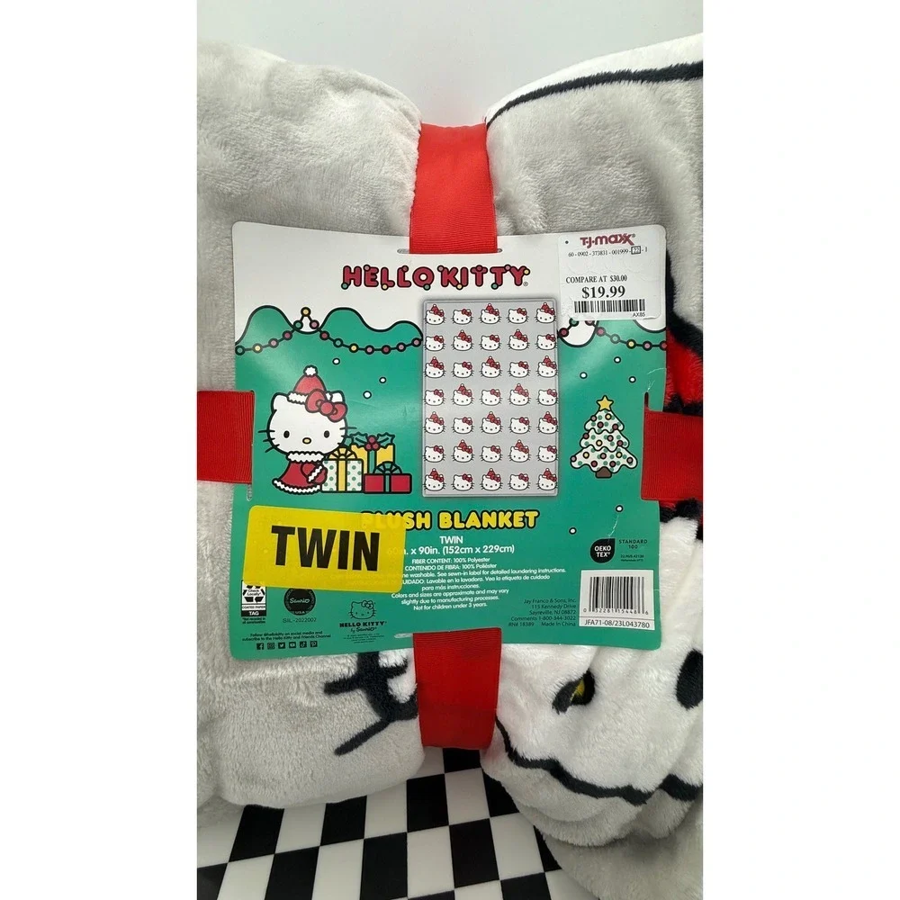 Hello Kitty Christmas Plush Twin Blanket Gray White Red Holiday Soft Throw‎ New
